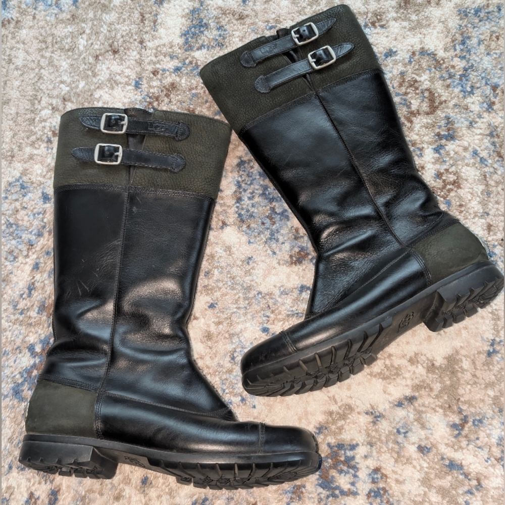 UGG Black and Dark Olive Leather Heeled Boots with Buckles